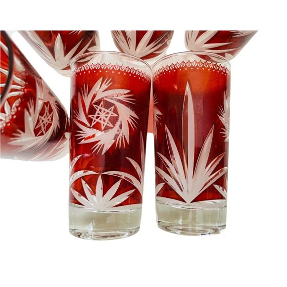 Ruby Red Flash Atomic Pinwheel Glass Set Vintage 1970's Dominion Barware - Picture 3 of 6